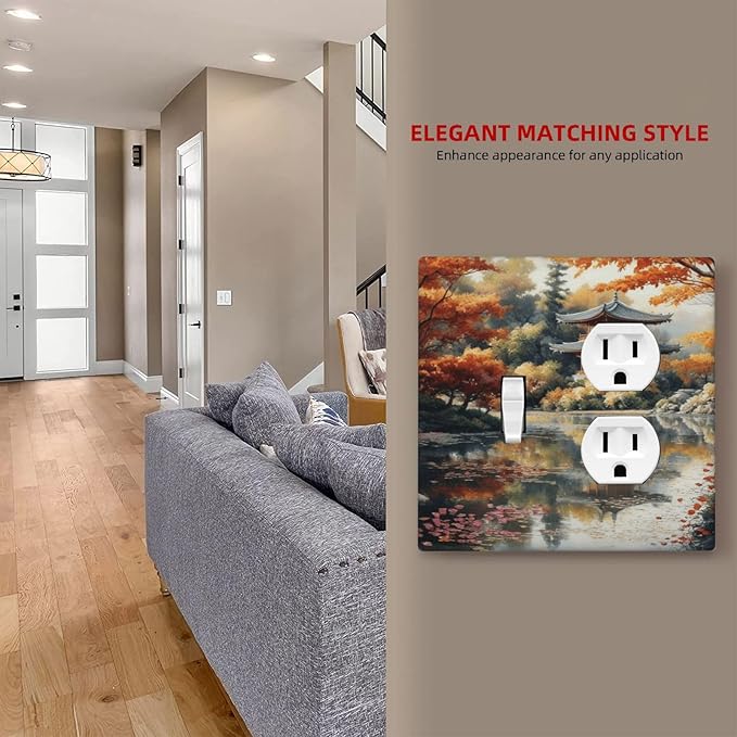 Decorative Art Light Switch Covers Lake & Pagoda in Fall 2 Gang Single Toggle Duplex Combination Electrical Faceplate Switchplate Wall Plate for Home Decor