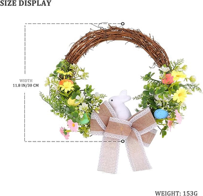 Spring Easter Wreath with Bunny, Floral Decorations, Burlap Bow, 14 inches