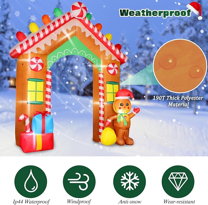 FunFanso 9 FT Christmas Inflatable Archway Outdoor Decorations, Gingerbread House Arch Blow Up Yard Decoration with Colorful Gifts, Build-in LED Lights for Garden Lawn Yard Porch Holiday Party Decor