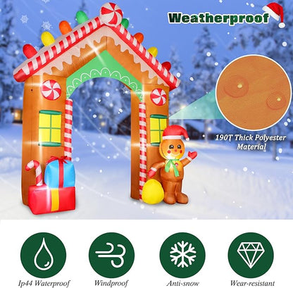 FunFanso 9 FT Christmas Inflatable Archway Outdoor Decorations, Gingerbread House Arch Blow Up Yard Decoration with Colorful Gifts, Build-in LED Lights for Garden Lawn Yard Porch Holiday Party Decor