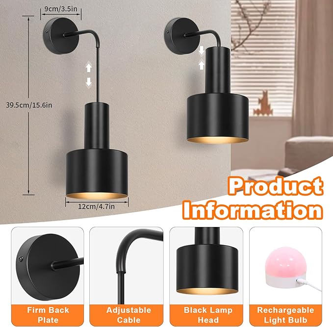 VerRon Rechargeable Battery Operated Wall Sconce Set of Two, Black Wireless Battery Powered Lights with Dimmable Detachable Bulbs & Remote, Modern Sconces Wall Decor for Bedroom Living Room Hallway