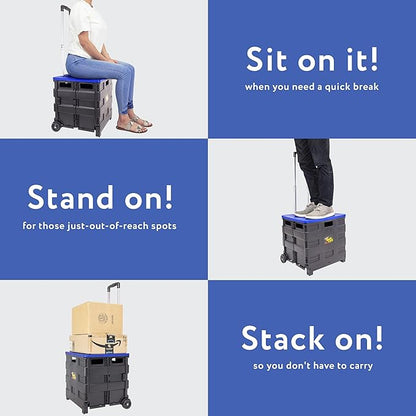 dbest products Quik Cart Collapsible Rolling Crate on Wheels for Teachers Tote Basket, 80 lbs Capacity, Blue Lid Made from Heavy Duty Plastic and used as a Seat