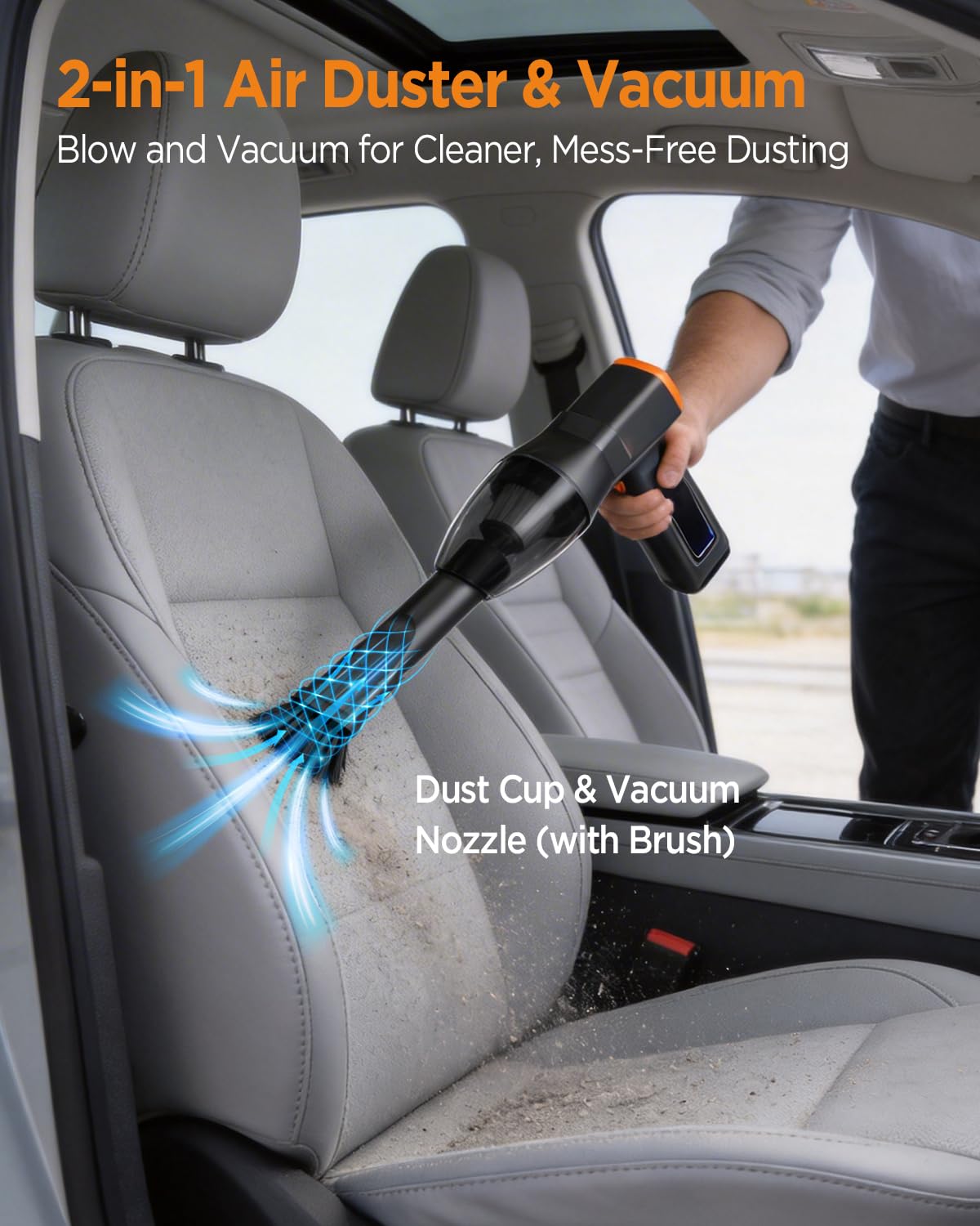 2 in 1 Electric Air Duster 65m/s Turbo Airflow Max, Brushless Compressed Air Duster 130000RPM, Mini Vacuum Cleaner Portable, 8000mAh Rechargeable Battery, 6 Nozzles 3 Brushes for PC, Keyboard, Car