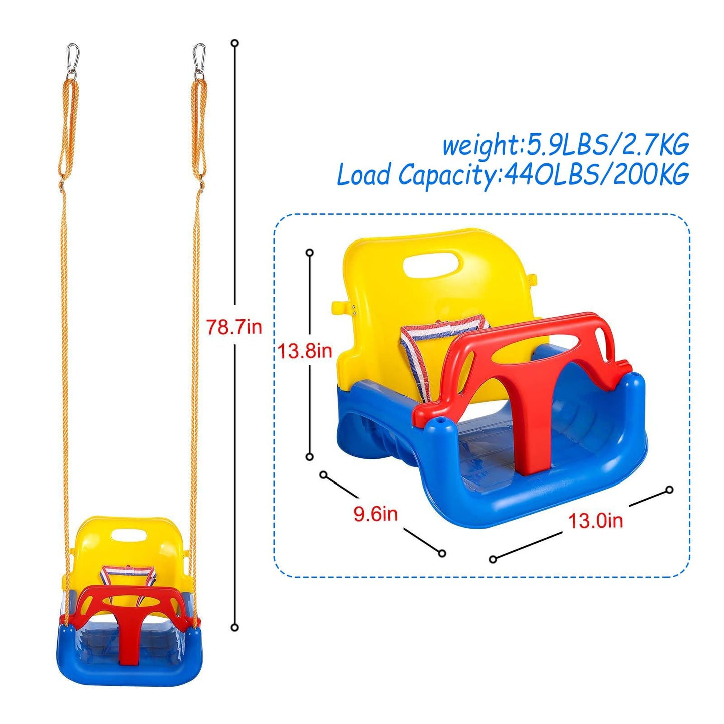 IFOYO 3-in-1 Convertible Kids Swing Seat with Detachable High-Back Support, Secure Indoor Outdoor Playground Swing for Kids