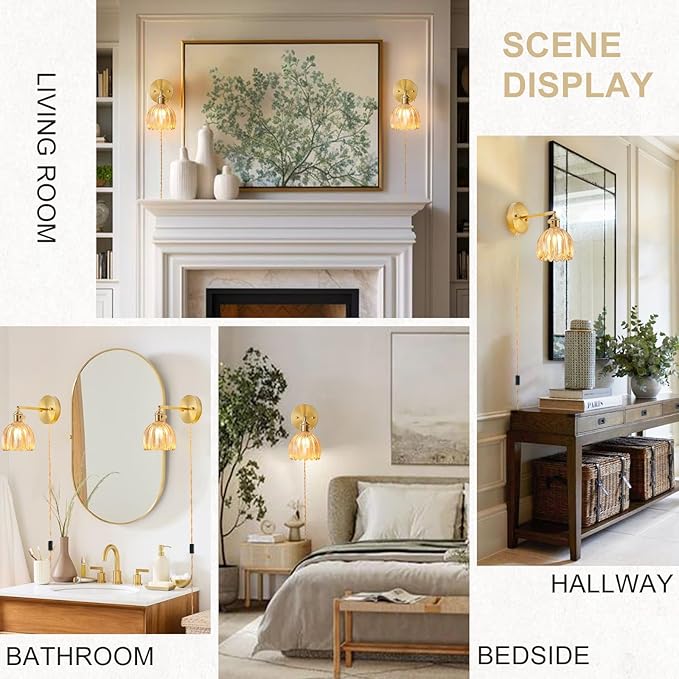 Plug in Wall Sconces Set of 2, Vintage Wall Sconce Light with Tulip Amber Glass Lampshade, 180° Adjustable Wall Sconce with Switch and Plug in Wall Lamp Cord, Gold Wall Light Decor Set of 2