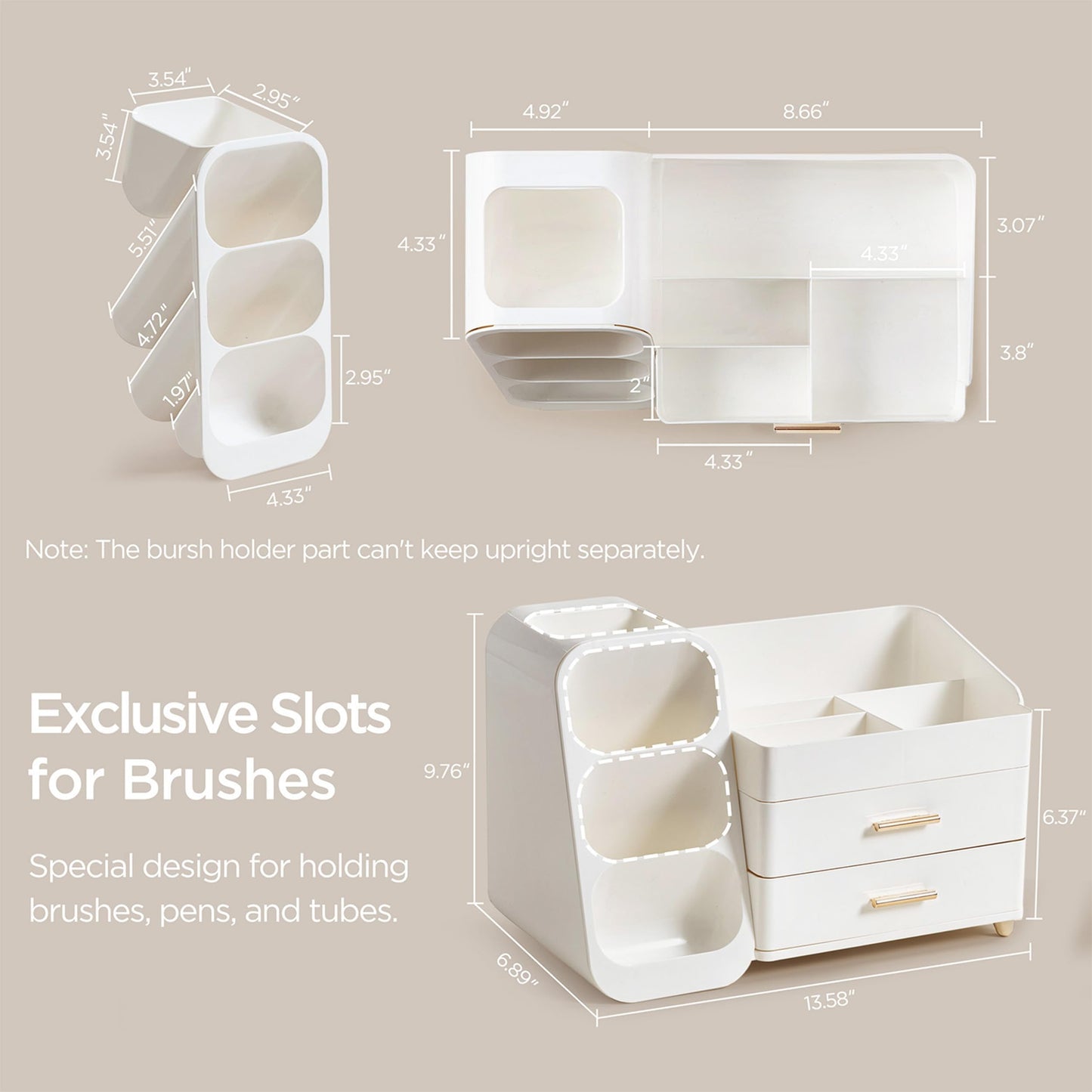 HBlife Makeup Organizer with Brush Holder for Vanity, Large Plastic Bathroom Countertop Organizer Skin Care Storage, Easy to Store Lipsticks, Nail Polishes, Perfumes, Eyeshadow Palettes, All White