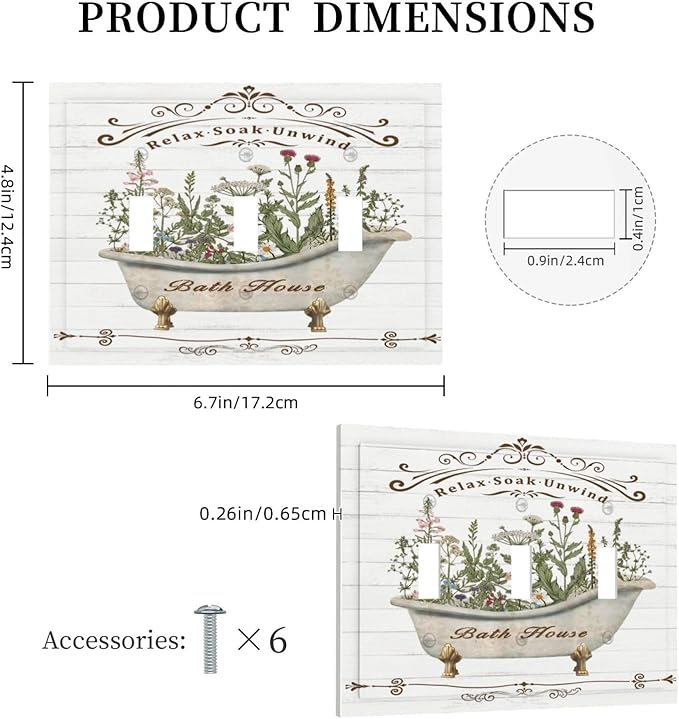 Rustic Farmhouse Wooden Board Botanical Flower 3 Gang Wall Plates Decorative Triple Toggle Light Switch Cover Electrical Switchplate Unused Decorate Faceplate for Bathroom Home