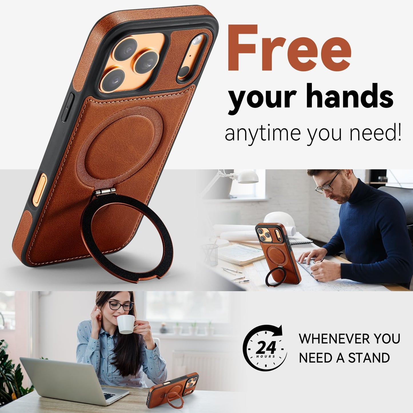 CHEEWADA for iPhone 17 Pro Max Case with Stand, Compatible with MagSafe, Slim PU Leather & TPU Drop-Proof Protective Magnetic Kickstand Phone Cases with Tempered Glass Screen Protector 6.9", Brown