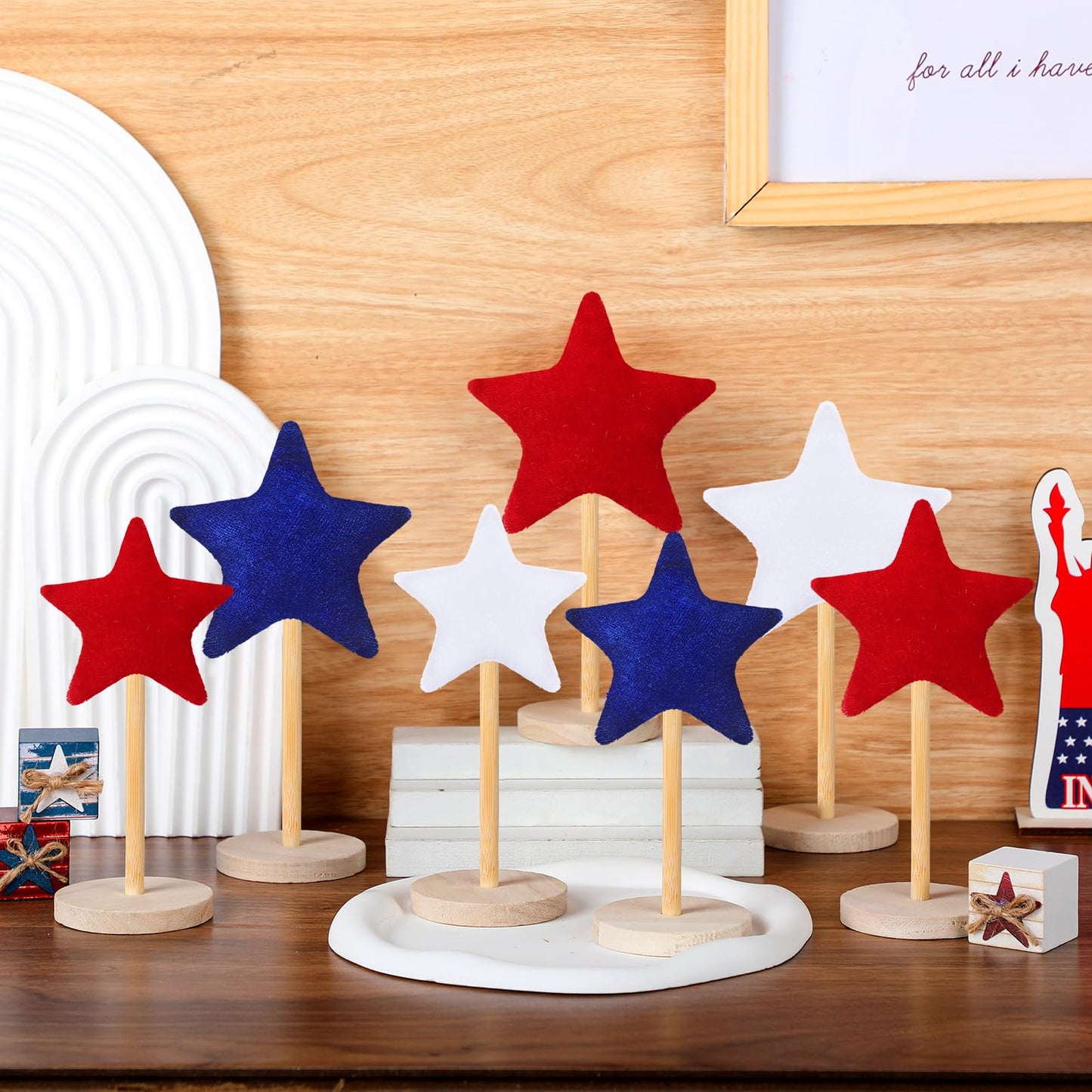 Wenqik 7 Pcs 4th of July Patriotic Decorations Velvet Red White and Blue Star Sign Standing Wooden Star Tabletop Centerpiece 250th Anniversary Independence Day Decor for Home Indoor Table Office Party