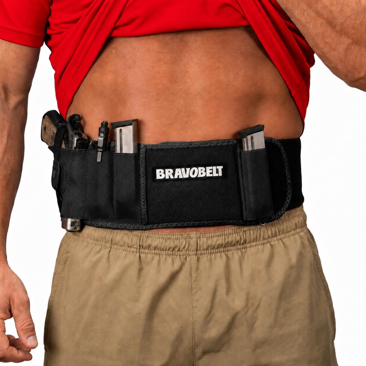 BRAVOBELT Belly Band Holster - Athletic Flex FIT for Running, Jogging, Hiking - G17-43 S&W M&P 40 Shield Bodyguard Kimber (Up to 44" Belly, Black)