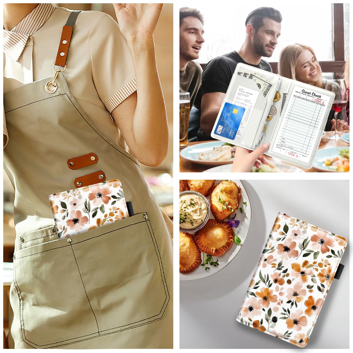 WAVEYU Cute Server Books for Waitress Waiter, Leather Guest Book Note Pad with Zipper, Money Organizer Wallet, Cash Check Bill Receipt Holder Presenter, 8x5 inch, Floral Pattern