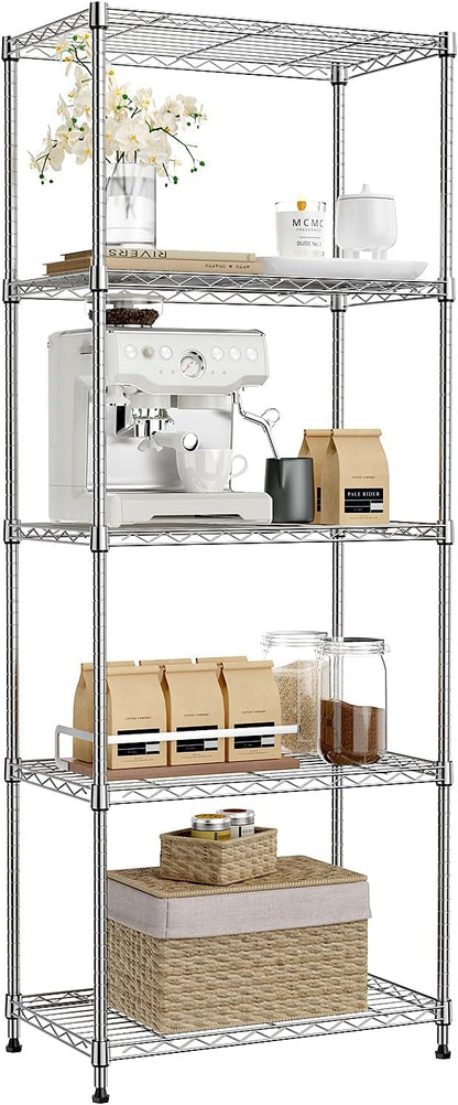 IZEUK 5-Tier Chrome Metal Storage Shelves, Adjustable Wire Shelving Unit for Kitchen, Bathroom, Pantry, Office, Garage, Organizer Wire Rack, 1250 lbs, 13.7" D x 23.6" W x 63" H
