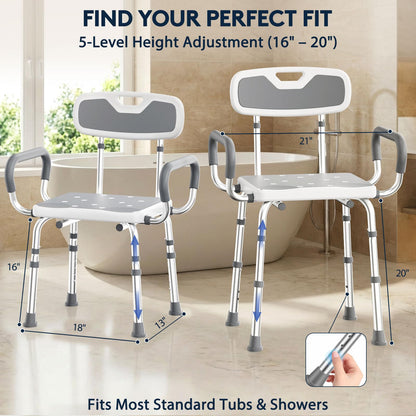 UNILEAF Shower Chair For Inside Shower With Arms And Back, Adjustable Height Shower Chair For Elderly And Disabled Adults, 450 Lb Capacity, Non-Slip Shower Seat, Aluminum, White