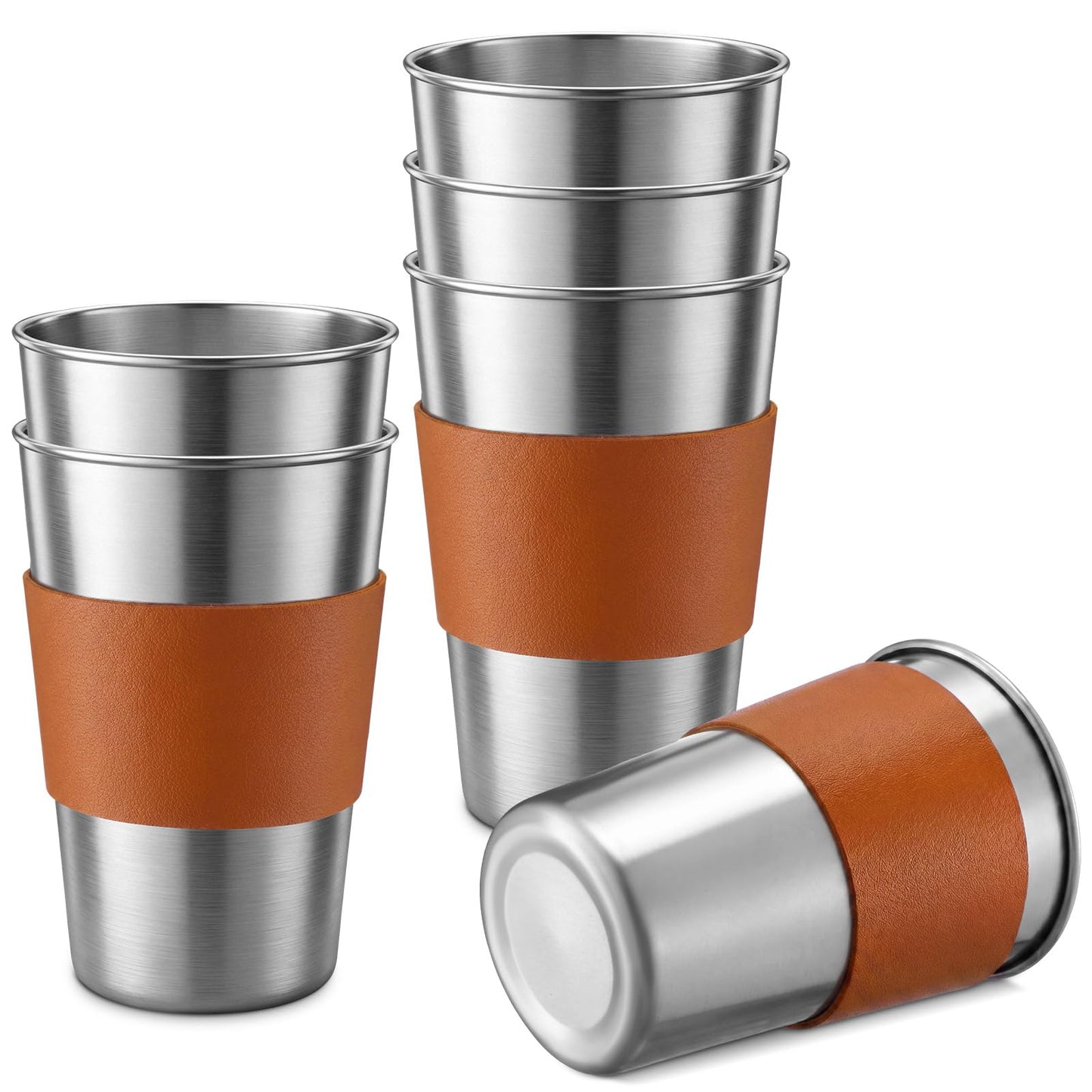 Mifoci 6 Pcs 16 oz Stainless Steel Pint Cups with PU Leather Sleeves Stainless Steel Cups Unbreakable Metal Cup Tumblers Stackable Drinking Glasses for Bar, Home, Restaurant, Travel, Camping