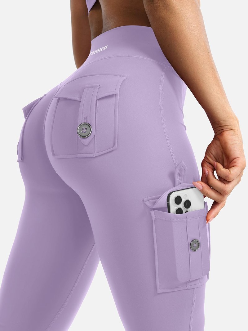 YEOREO CoreFlex Women Workout Flare Leggings with Pockets Hidden Scrunch High Waisted Cargo Gym Yoga Leggings Fog Purple M