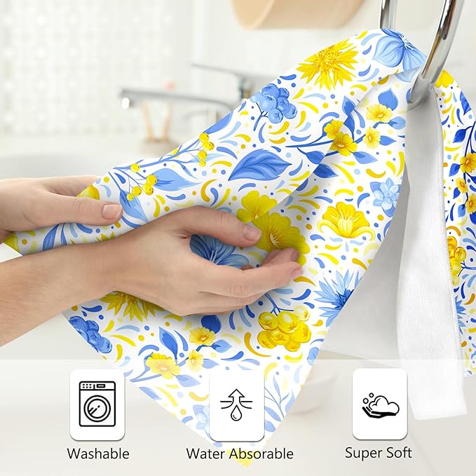 Blue Yellow Floral Decorative Towels for Bathroom Absorbent Watercolor Flower Bath Hand Towels for Bathroom Spa Gym Yoga Farmhouse Spring Summer Home Decor Housewarming Gifts Set of 2