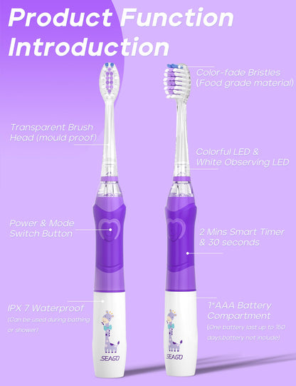 SEAGO Kids Electric Toothbrush with 2 Mins Brushing Timer and 4 Replacement Bursh Heads, Rainbow LED Light Make Brushing Fun, Boys Battery Powerd Toothbrush for 4-12 Years Old，SG-977 (Light Blue)
