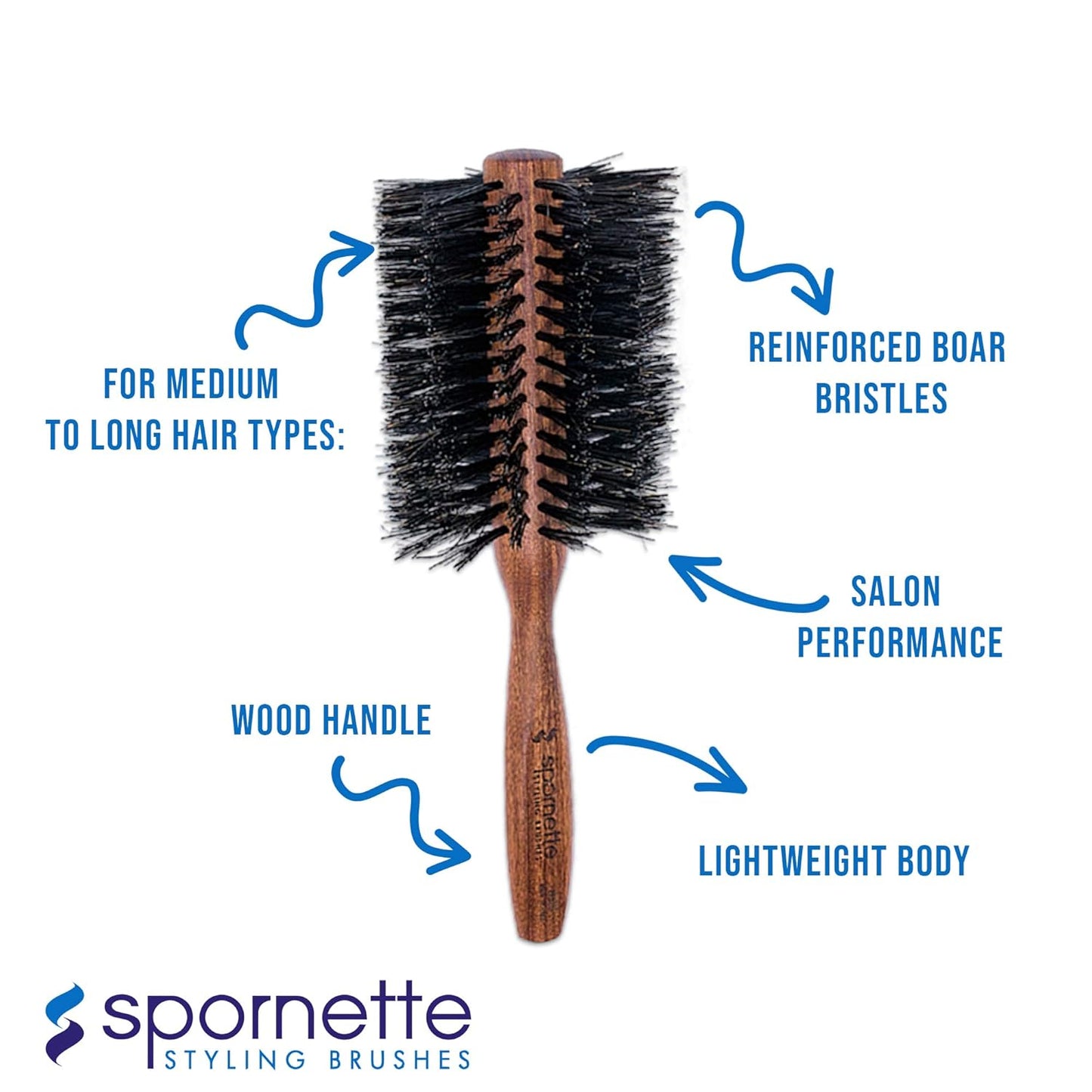 Spornette Italian Rounder Boar Bristle Round Hair Brush for Women & Men - Large Round Brush for Blow Drying, Styling & Volumizing - Wooden Brush for Medium to Long Thick, Fine, Curly or Straight Hair