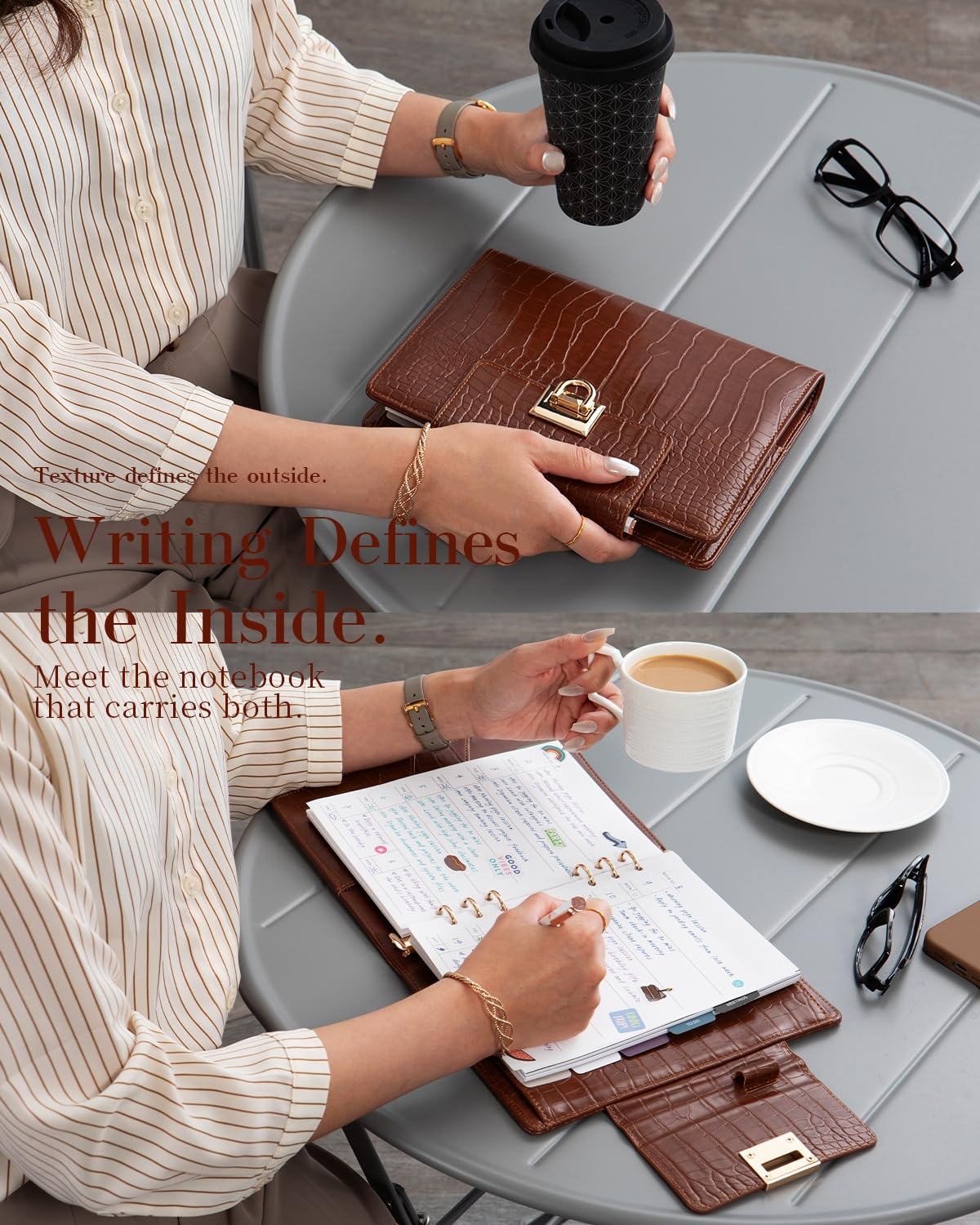 EGOSUNNY Croc-Embossed A5 PU Leather Planner 5.8" x 8.3", Refillable 6-Ring Binder with 80 Sheets, Dividers & Elegant Metal Ballpoint Pen – Professional Organizer for Work & Everyday Use