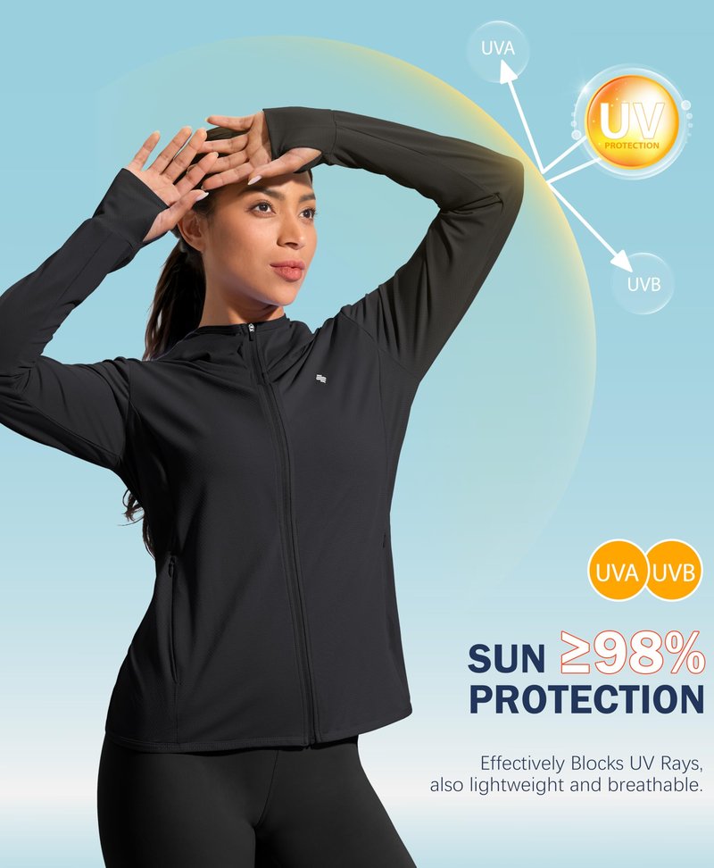 Soothfeel Women's UPF 50+ Sun Protection Hoodie Jacket Lightweight Long Sleeve Sun Shirt for Women with Pocket Hiking Outdoor A-Black