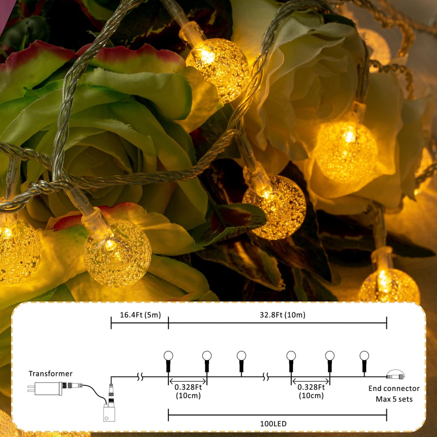 Ogrmar 49 ft 100 LED Globe Ball String Lights 8 Modes Crystal Bubble Ball String Lights with Remote, Timer Function & Connectable for Indoor Outdoor Wedding Christmas Garden Decor (100, Warm White)