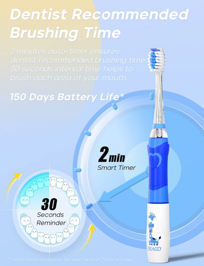 SEAGO Kids Electric Toothbrush with 2 Mins Brushing Timer and 4 Replacement Bursh Heads, Rainbow LED Light Make Brushing Fun, Boys Battery Powerd Toothbrush for 4-12 Years Old，SG-977 (Light Blue)