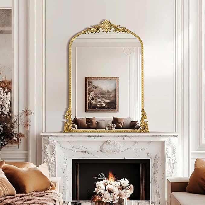 Growsun Vintage Gold Arched Mirror, 24’’x36’’ Antique Baroque Ornate Wall Mirror Decor with Full Metal Frame for Fireplace/Entryway/Living Room/Bathroom
