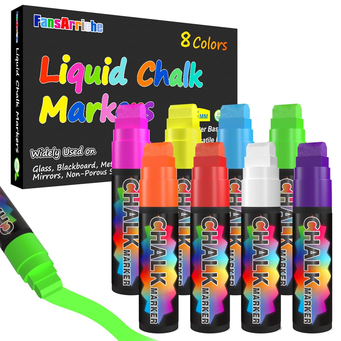 FansArriche Liquid Chalk Markers, 15mm Jumbo Car Window Markers, 8 Pack Erasable Neon Chalk Pens for Chalkboard, Blackboard, Glass, Signs, 3-in-1 Nib