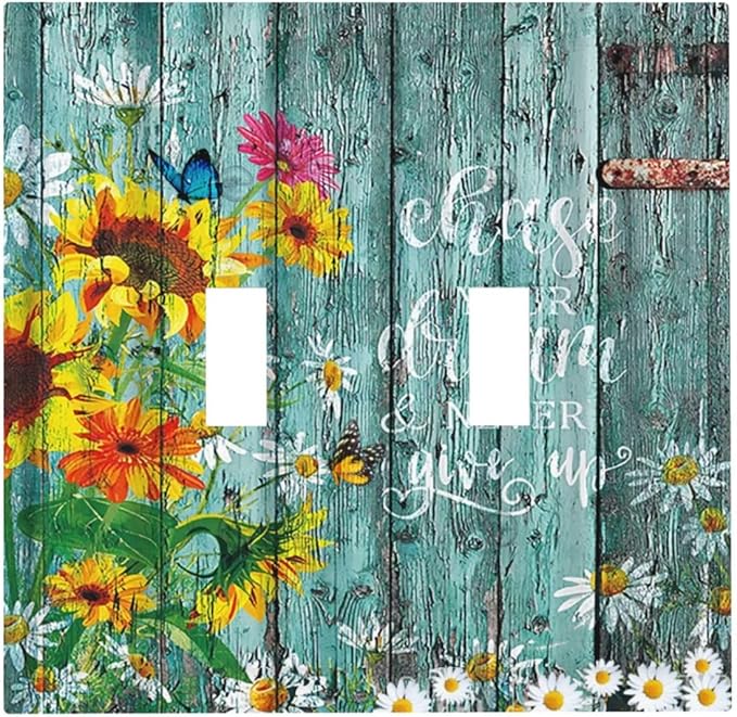 Turquoise Rustic Vintage Wood Planks Sunflower Butterfly Double Toggle Light Switch Cover Decorative 2 Gang Wall Plate Electrical Switchplate Faceplate for Farmhouse Bathroom Decor