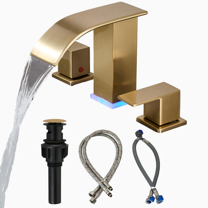 Brushed Gold Bathroom Faucet 3 Hole Widespread Waterfall Vanity Faucet for Bathroom Sink, Modern Touch on Two Handle Gold Faucet (Brushed Gold)