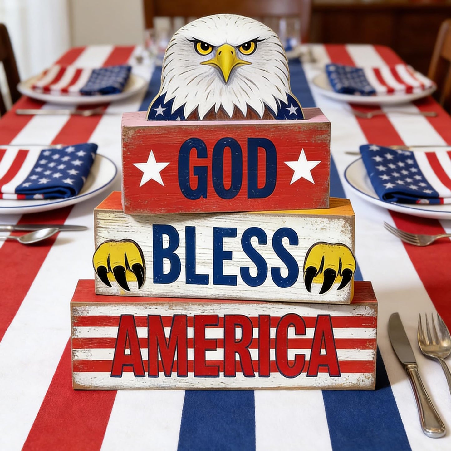 4th of July Table Decorations Patriotic Memorial Day Tiered Tray Decor Wooden Eagle Block Signs Independence Farmhouse 250th July Fouth Centerpiece for Tables Wooden Sign for Home Decor