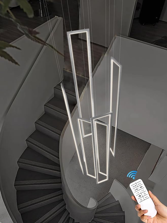 Flashing God Large Modern Chandeliers, Silver with 6 Ring Led Foyer High Ceiling Chandelier for Living Room, Rectangle for Entryway Staircase LED Dimming 2700k-6001k