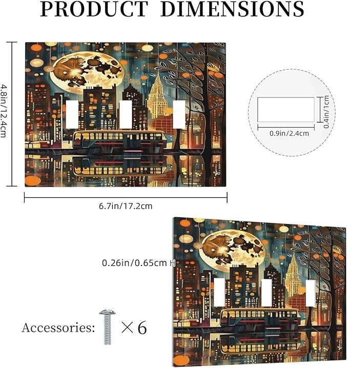 City Light Moon Bus Abstract Art Light Switch Covers 3 Gang Triple Toggle Wall Plate Decorative Switchplate Electrical Faceplate for Farmhouse Living Decor