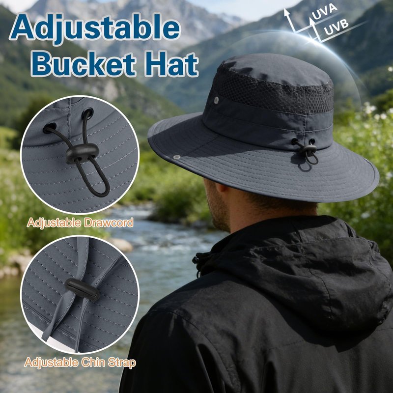 Sun Hat for Men Women UV Protection Wide Brim Fishing Hats Breathable UPF 50+ Waterproof Boonie Bucket Hats Beach Safari Hiking Garden Dark Grey