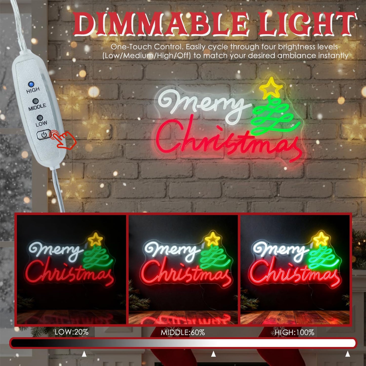 Modern Merry Christmas Neon Sign with Artistic Tree & Star,LED Light Sign for Wall Decor, USB Powered Dimmable Indoor Christmas Window Lights for Home, Bedroom,Party,Bar, Xmas Decorations Gift