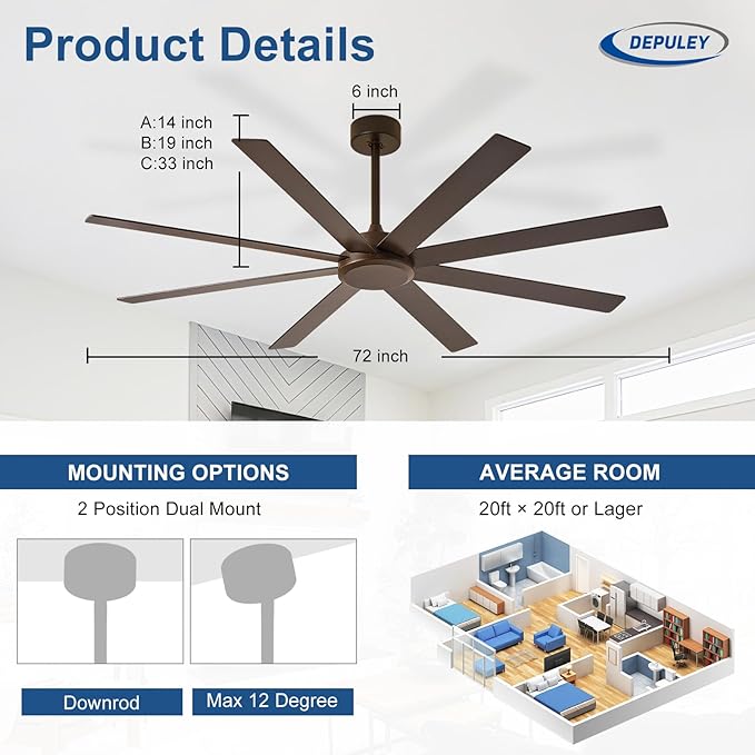 Depuley Large Ceiling Fan without Light: 72 Inch Indoor/Outdoor Fan Reversible DC Motor 6 Speed - Dual 8 Blades Big Ceiling Fans with No Light for Living Room Covered Patio, Brown