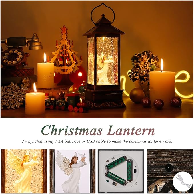Christmas Decorations, Vintage Christmas Angel Pigeon Snowball Lights, Sparkling Led Lights with Music and Water Flow, USB/Battery Powered, Home Decor Gifts