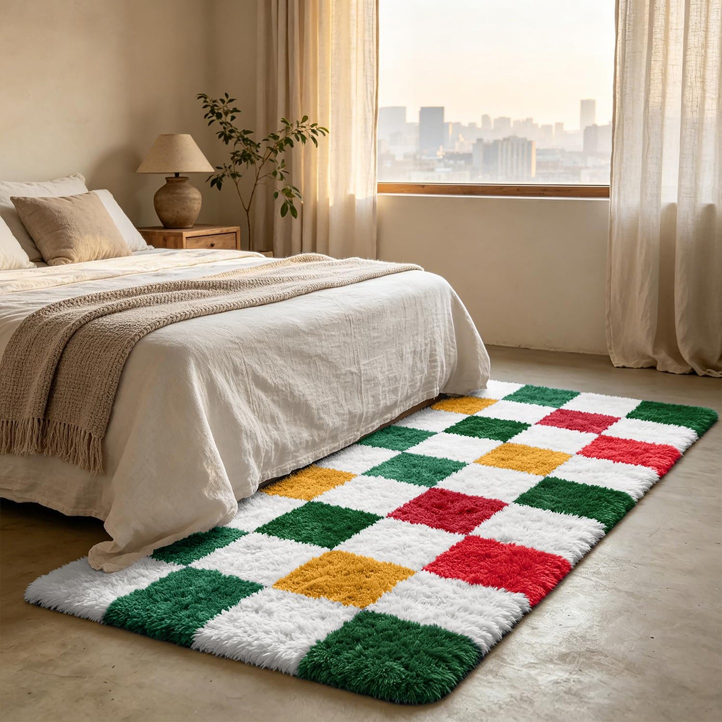Shag Runner Rug for Bedroom Living Room 2x6 Upgrade Non-Slip Fluffy Soft Bedside Rugs,Checked Shaggy Carpet for Livingroom Dorm Home Decor Aesthetic