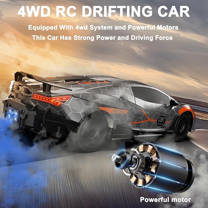 Remote Control Car RC Drift Car 1:16 Scale 4WD 18KM/H High Speed Model Vehicle 2.4GHz with LED Lights Spray Rubber Tire Racing Sport Toy for Adults Boys Girls Kids Gift 2Pcs Rechargeable Batteries