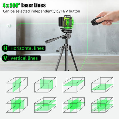16 Line Laser Level with Tripod,4x360° Self Leveling Laser Level with 2 Batteries,4D Laser Level 360 Self Leveling,Green Line laser Level Tool for Construction,Picture Hanging,Home Renovation