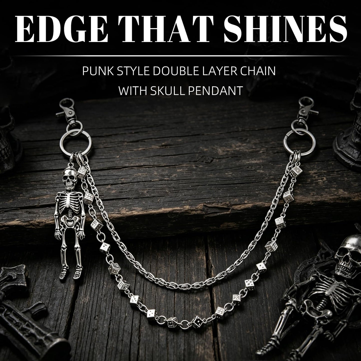 Skull Wallet Chain with 3D Dice Links for Men Women - 2 Layer Punk Pants Chain with Gothic Metal Ornament, Heavy Duty Biker Jean Chain Grunge Belt Loop Accessories for Eboy Egirl Streetwear(Silver)