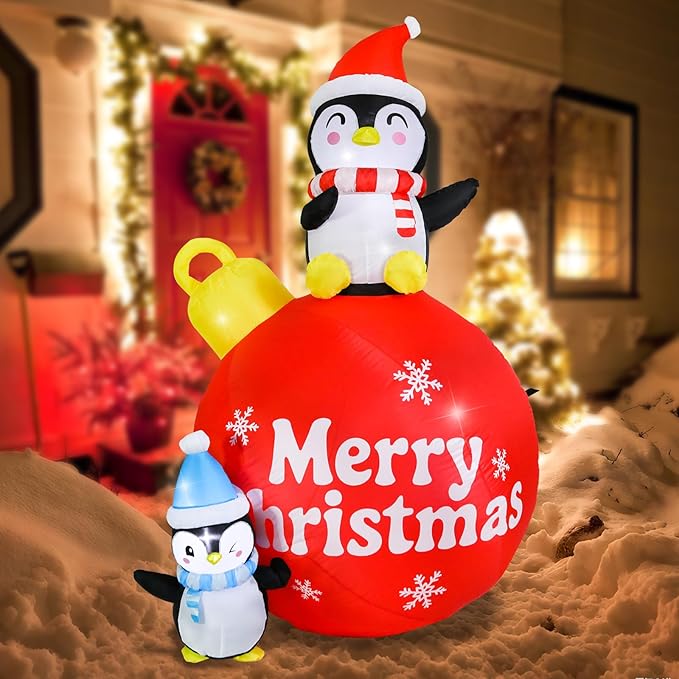Vigdur Christmas Penguin Inflatable, 6FT Xmas Blow Up Holiday Ball Decoration with LED Lights, Outdoor Christmas Penguin Decoration for Yard Garden Lawn Winter Holiday Supplies Décor