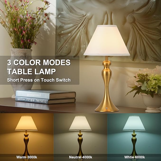 Cordless Bedside Lamp for Living Room, Table Lamp for Bedroom, 3-Way Dimmable Nightstand Lamp with Fabric Shade, Rechargeable Touch Led Desk Lamp Battery Operated Lamp for Dorm, Home Office (Brass)