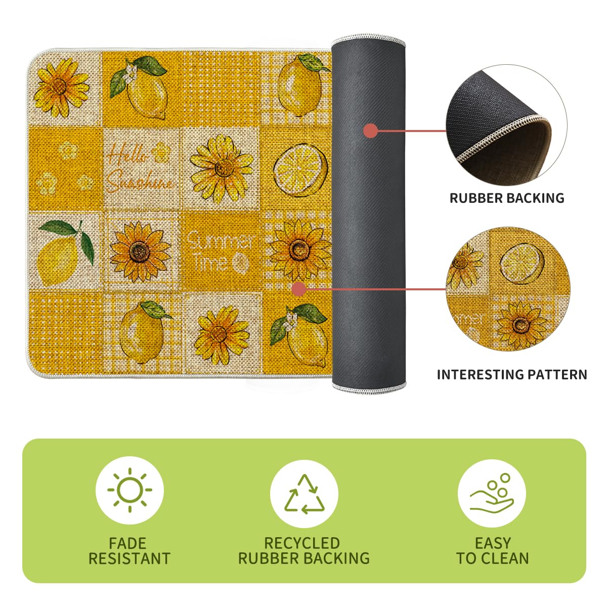 Artoid Mode Plaid Lemon Sunflower Summer Kitchen Mats Set of 2, Seasonal Low-Profile Home Decor Kitchen Rugs for Floor - 17x29 and 17x47 Inch