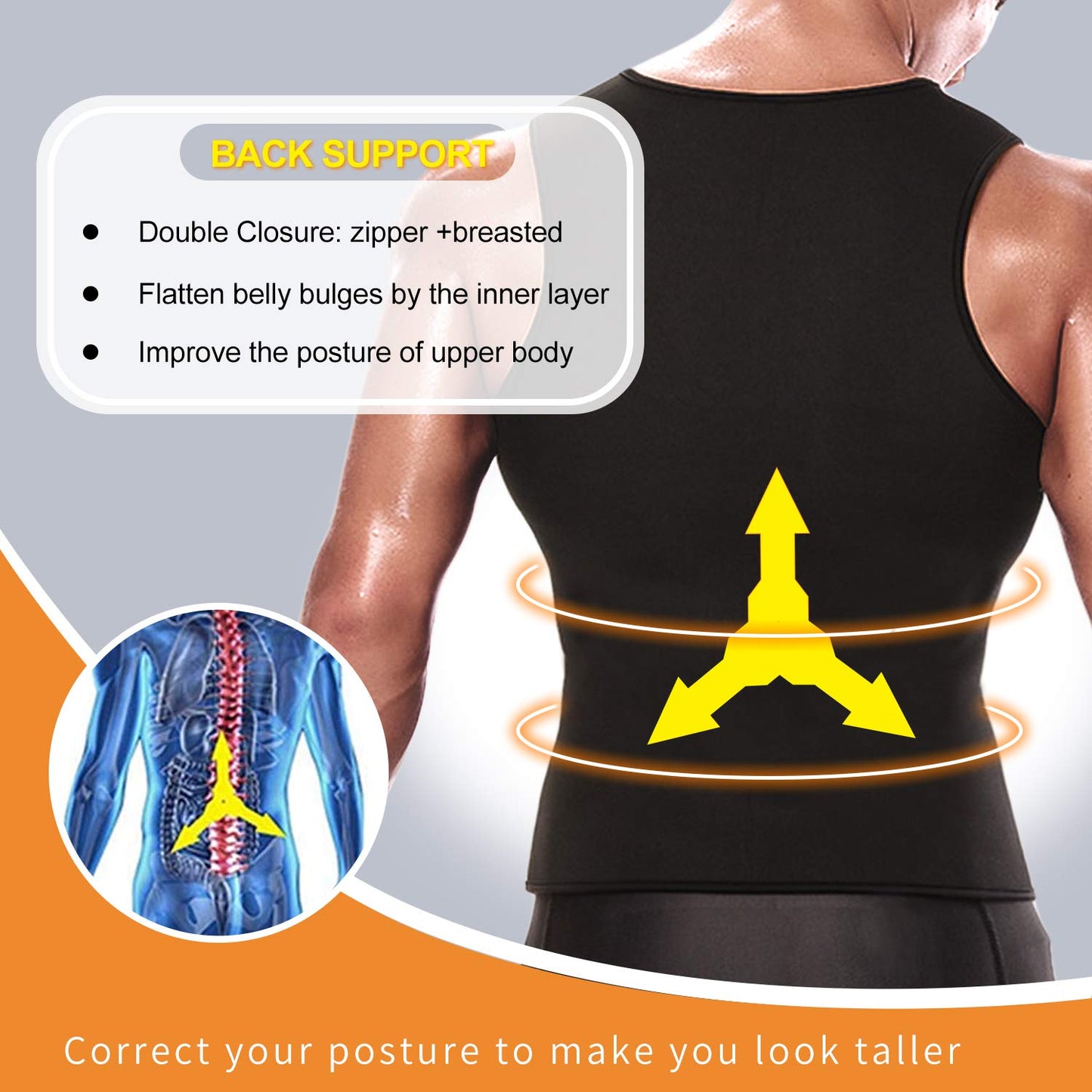NonEcho Men Waist Trainer Vest Sweat Vest Hot Neoprene Zipper Sauna Girdle Tank Top Workout Shirt Shapewear Black
