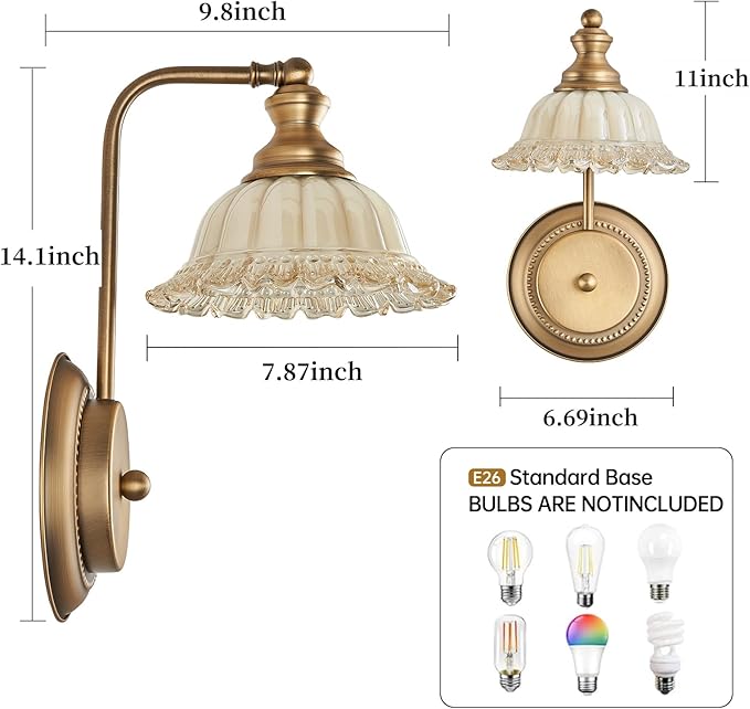 Vintage Wall Sconces with Brass Glass Bathroom Wall Light