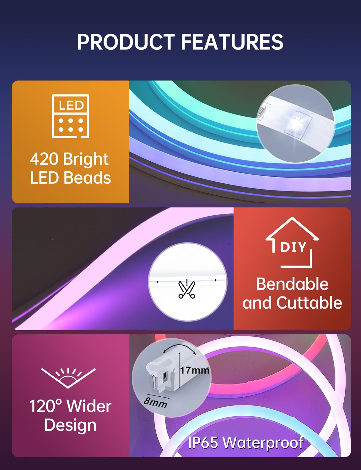 Lucienstar Neon Rope Lights, Smart RGB+IC Neon Light Strip, Voice Control via Alexa, Google Assistant, Flexible Custom DIY LED Strip Lights for Bedroom, Wall Decor, 16.4 ft (2.4G WiFi Only)