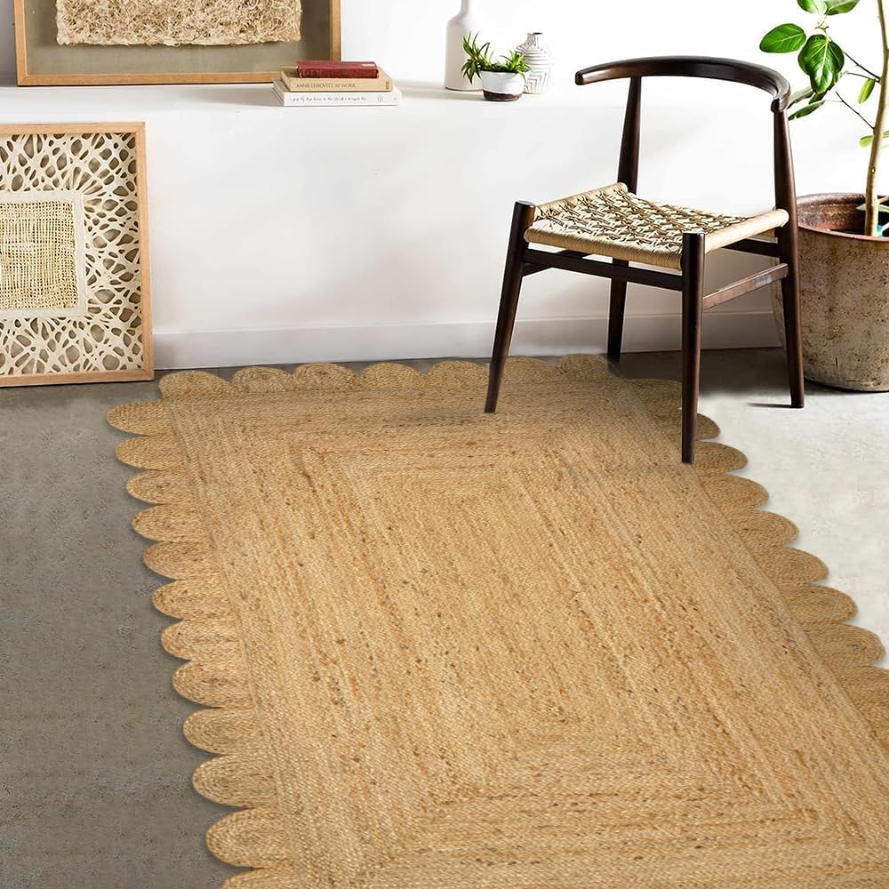 GRUHUM Scalloped Jute Area Rugs 6x9ft Rectangular Natural Fiber Handwoven Soft Braided Rustic Vintage EcoFriendly Rug- Farmhouse Indoor EcoFriendly Livingroom Bedroom Kitchen Hallways 6'x9' Ft