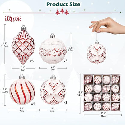 16PCS Shatterproof Christmas Ball Ornaments Set, Hand-Painted Holiday Decor with Assorted Sizes & Designs for Christmas Tree Thanksgiving Party Decoration, Red-White