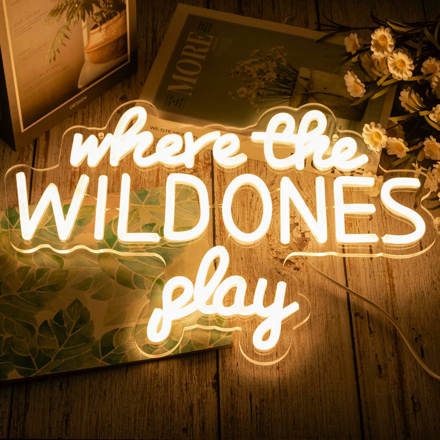 Where the Wild Ones Play Neon Sign Dimmable Neon Signs for Wall Decor Letter LED Signs USB Light Up Sign for Playroom Wall Decor Playroom Decoration Essentials